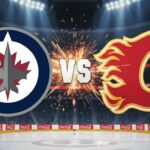 Winnipeg Jets and Calgary Flames logos collide in the center of a hockey rink, with "VS" written between them amidst a burst of sparks.