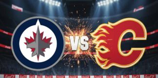 Winnipeg Jets and Calgary Flames logos collide in the center of a hockey rink, with "VS" written between them amidst a burst of sparks.