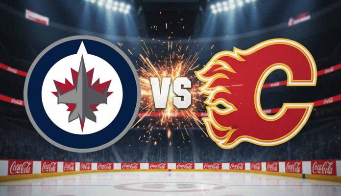 Winnipeg Jets and Calgary Flames logos collide in the center of a hockey rink, with "VS" written between them amidst a burst of sparks.