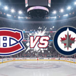 Stylized Montreal Canadiens and Winnipeg Jets logos appear to collide mid-air above center ice in the Canada Life Centre, with a "Vs." text between them. Bright spotlights shine down, and sparks fly from the impact.