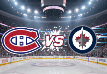 Stylized Montreal Canadiens and Winnipeg Jets logos appear to collide mid-air above center ice in the Canada Life Centre, with a "Vs." text between them. Bright spotlights shine down, and sparks fly from the impact.