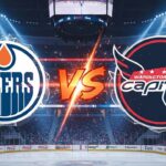Oilers vs Capitals 11/19/25: TV Schedule, Odds & McDavid’s Last D.C. Visit? A stylized image of the Edmonton Oilers logo and the Washington Capitals logo crashing into each other with a "Vs." in between, set against the backdrop of the Chicago Blackhawks' home arena with bright spotlights.