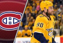 Ryan O'Reilly getting ready for a faceoff as Montreal Canadiens scouts look on