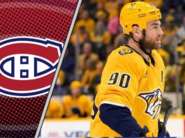 Ryan O'Reilly getting ready for a faceoff as Montreal Canadiens scouts look on