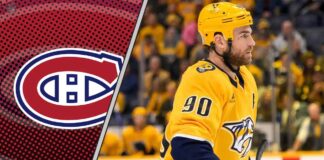 Ryan O'Reilly getting ready for a faceoff as Montreal Canadiens scouts look on