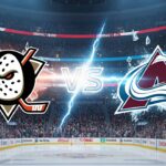 Stylized Anaheim Ducks and Colorado Avalanche logos with 'Vs' between them, over an arena background.