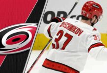 Andrei Svechnikov of the Carolina Hurricanes celebrating a goal during an NHL game 2025.