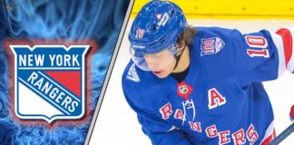 Artemi Panarin of the New York Rangers looking down ice during a game, subject of trade rumors to Carolina and Minnesota.