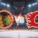 Blackhawks vs Flames Tonight: How to Watch, Game Time, Scorers & Prediction You Can’t Miss A stylized matchup graphic showing the Chicago Blackhawks logo and the Calgary Flames logo colliding, with the word 'Vs' between them. The scene is set inside the Red Wings' home hockey arena, with spotlights shining on the logos and Coca-Cola ads on the boards.