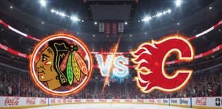 A stylized matchup graphic showing the Chicago Blackhawks logo and the Calgary Flames logo colliding, with the word 'Vs' between them. The scene is set inside the Red Wings' home hockey arena, with spotlights shining on the logos and Coca-Cola ads on the boards.