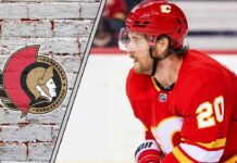 Calgary Flames winger Blake Coleman skating during a game, potential Ottawa Senators trade target.