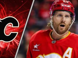 Calgary Flames forward Blake Coleman celebrating a goal, highlighting his trade value to contenders like the Devils and Maple Leafs.