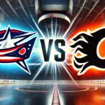 Blue Jackets vs Flames: How to Watch, Game Preview, Injuries & Bold Prediction "A dramatic, widescreen image of the Columbus Blue Jackets and Calgary Flames logos colliding mid-air with a metallic 'Vs' between them. The scene is set inside the Calgary Flames’ home arena, with bright spotlights focused on the logos.