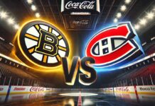 Bruins vs Canadiens: Why Tonight’s R-Loaded Rivalry Game Is a Must-Watch A dramatic, widescreen digital illustration of the Boston Bruins and Montreal Canadiens logos colliding mid-air, separated by a bold metallic "Vs" in the center. The background shows the interior of the Bell Centre, home of the Canadiens, with dark stands and bright white spotlights shining on the logos.