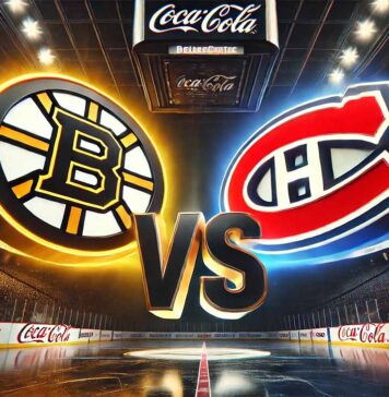 Bruins vs Canadiens: Why Tonight’s R-Loaded Rivalry Game Is a Must-Watch A dramatic, widescreen digital illustration of the Boston Bruins and Montreal Canadiens logos colliding mid-air, separated by a bold metallic "Vs" in the center. The background shows the interior of the Bell Centre, home of the Canadiens, with dark stands and bright white spotlights shining on the logos.
