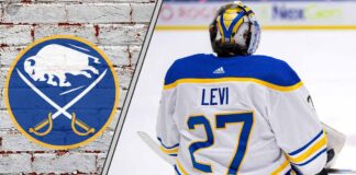 Buffalo Sabres goalie Devon Levi looks on from the net during an NHL game, contemplating his future.