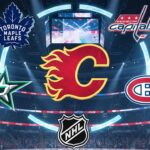Kadri on the Block: Analyzing 4 Perfect Fits and 1 Surprise “Best” Spot A stylized digital graphic inside a packed NHL arena, featuring the Calgary Flames logo at the center, encircled by the logos of the Toronto Maple Leafs, Washington Capitals, Dallas Stars, and Montreal Canadiens. Spotlights shine down on the arrangement from the arena's rafters.