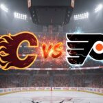 Can the Flames End Their Slide vs Flyers? How to Watch, Key Injuries & Bold Predictions A stylized, fiery Calgary Flames logo and an electric Philadelphia Flyers logo collide over the center ice of a packed arena, with a glowing "Vs" between them under bright spotlights.