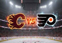 A stylized, fiery Calgary Flames logo and an electric Philadelphia Flyers logo collide over the center ice of a packed arena, with a glowing "Vs" between them under bright spotlights.