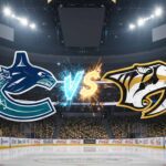 A matchup graphic showing the Vancouver Canucks logo and the Nashville Predators logo colliding over an ice rink, with a stylized 'Vs' between them, set against the backdrop of the Predators' home arena.