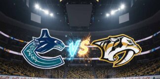 A matchup graphic showing the Vancouver Canucks logo and the Nashville Predators logo colliding over an ice rink, with a stylized 'Vs' between them, set against the backdrop of the Predators' home arena.