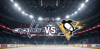 A matchup graphic showing the Washington Capitals and Pittsburgh Penguins logos colliding, with the word 'VS' between them, set against the backdrop of a spotlighted hockey arena.
