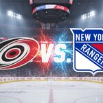 A game-day matchup graphic showing the Carolina Hurricanes logo and the New York Rangers logo colliding over the ice at Madison Square Garden, with "Vs." text between them.