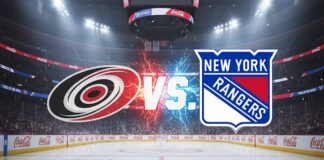A game-day matchup graphic showing the Carolina Hurricanes logo and the New York Rangers logo colliding over the ice at Madison Square Garden, with "Vs." text between them.
