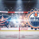 An artistic depiction of the Columbus Blue Jackets and Edmonton Oilers logos clashing with a "Vs" in the middle, set against the backdrop of an ice hockey arena with bright spotlights.