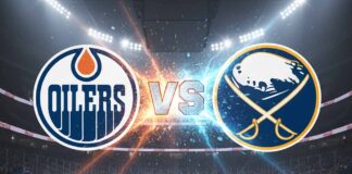 A widescreen image featuring the Edmonton Oilers and Buffalo Sabres logos colliding with a "VS" in the middle, set against the backdrop of the KeyBank Center ice rink with spotlights.