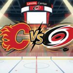 A stylized animated graphic depicting the Calgary Flames flaming 'C' logo colliding with the Carolina Hurricanes swirling logo, separated by a central "VS" symbol, set against the illuminated interior of the Lenovo Center hockey arena.