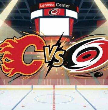 A stylized animated graphic depicting the Calgary Flames flaming 'C' logo colliding with the Carolina Hurricanes swirling logo, separated by a central "VS" symbol, set against the illuminated interior of the Lenovo Center hockey arena.