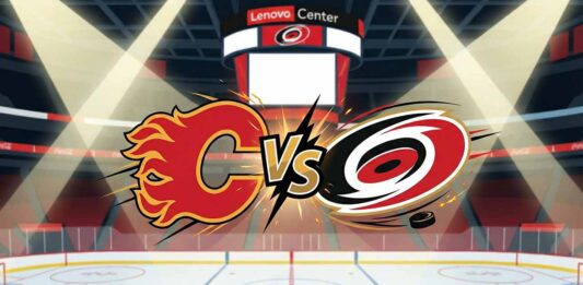 A stylized animated graphic depicting the Calgary Flames flaming 'C' logo colliding with the Carolina Hurricanes swirling logo, separated by a central "VS" symbol, set against the illuminated interior of the Lenovo Center hockey arena.
