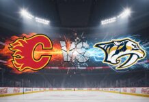 A widescreen digital art image showing the Calgary Flames logo (a flaming 'C') on the left colliding with the Nashville Predators logo (a saber-toothed tiger) on the right. Between them, the word 'VS' is shown in a cracked, stone-like font, with sparks and energy emanating from the collision.