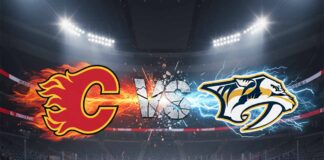 A widescreen digital art image showing the Calgary Flames logo (a flaming 'C') on the left colliding with the Nashville Predators logo (a saber-toothed tiger) on the right. Between them, the word 'VS' is shown in a cracked, stone-like font, with sparks and energy emanating from the collision.