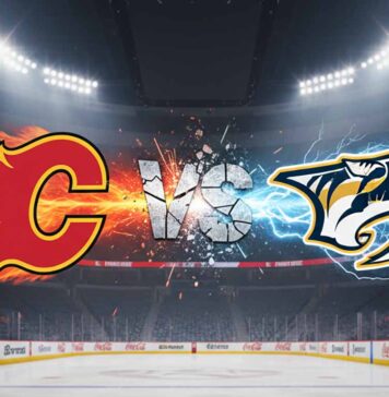 A widescreen digital art image showing the Calgary Flames logo (a flaming 'C') on the left colliding with the Nashville Predators logo (a saber-toothed tiger) on the right. Between them, the word 'VS' is shown in a cracked, stone-like font, with sparks and energy emanating from the collision.