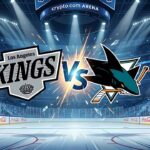 A stylized graphic showing the Los Angeles Kings logo and San Jose Sharks logo colliding with an explosive "VS" in the center, set against the backdrop of a spotlight-illuminated Crypto.com Arena interior with Coca-Cola advertisements on the rink boards.