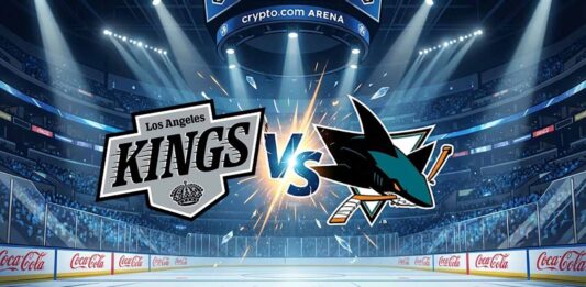 A stylized graphic showing the Los Angeles Kings logo and San Jose Sharks logo colliding with an explosive "VS" in the center, set against the backdrop of a spotlight-illuminated Crypto.com Arena interior with Coca-Cola advertisements on the rink boards.
