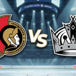 Senators vs Kings TV Channel: Can Ottawa Survive LA Without Tkachuk? A stylized widescreen sports illustration depicting the Ottawa Senators logo on the left and the LA Kings logo on the right, separated by a large "Vs". The logos are colliding under spotlights center ice at a packed Crypto.com arena.