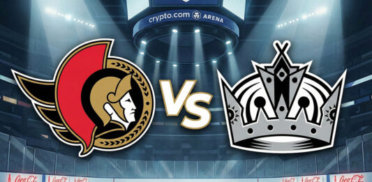 Senators vs Kings TV Channel: Can Ottawa Survive LA Without Tkachuk? A stylized widescreen sports illustration depicting the Ottawa Senators logo on the left and the LA Kings logo on the right, separated by a large "Vs". The logos are colliding under spotlights center ice at a packed Crypto.com arena.