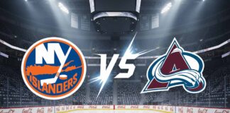 An eye-level, wide-angle shot of a hockey arena, with the New York Islanders and Colorado Avalanche logos colliding in the center, separated by a stylized "Vs." The logos are illuminated by spotlights from above. The ice surface has the Avalanche logo at center ice and the Coca-Cola logo is visible on the rink boards.