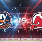 A widescreen, stylized image showing the New York Islanders logo and the New Jersey Devils logo colliding with a "VS" in between them. The background is the interior of an ice hockey arena with spotlights shining down, and Coca-Cola logos are visible on the rink boards.