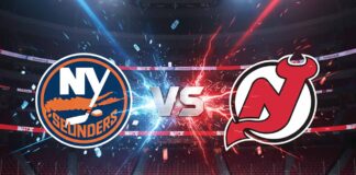 A widescreen, stylized image showing the New York Islanders logo and the New Jersey Devils logo colliding with a "VS" in between them. The background is the interior of an ice hockey arena with spotlights shining down, and Coca-Cola logos are visible on the rink boards.