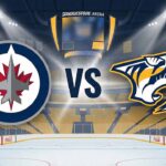 A stylized widescreen hockey graphic showing the Winnipeg Jets logo on the left and the Nashville Predators logo on the right, separated by the letters "VS". Spotlights shine down on the logos set against the backdrop of Bridgestone Arena's ice rink and yellow seating.