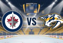 A stylized widescreen hockey graphic showing the Winnipeg Jets logo on the left and the Nashville Predators logo on the right, separated by the letters "VS". Spotlights shine down on the logos set against the backdrop of Bridgestone Arena's ice rink and yellow seating.