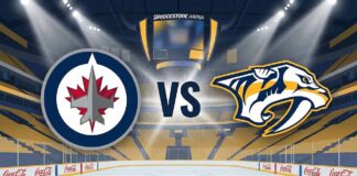 A stylized widescreen hockey graphic showing the Winnipeg Jets logo on the left and the Nashville Predators logo on the right, separated by the letters "VS". Spotlights shine down on the logos set against the backdrop of Bridgestone Arena's ice rink and yellow seating.