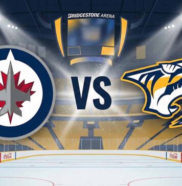 A stylized widescreen hockey graphic showing the Winnipeg Jets logo on the left and the Nashville Predators logo on the right, separated by the letters "VS". Spotlights shine down on the logos set against the backdrop of Bridgestone Arena's ice rink and yellow seating.
