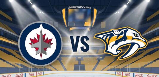 A stylized widescreen hockey graphic showing the Winnipeg Jets logo on the left and the Nashville Predators logo on the right, separated by the letters "VS". Spotlights shine down on the logos set against the backdrop of Bridgestone Arena's ice rink and yellow seating.