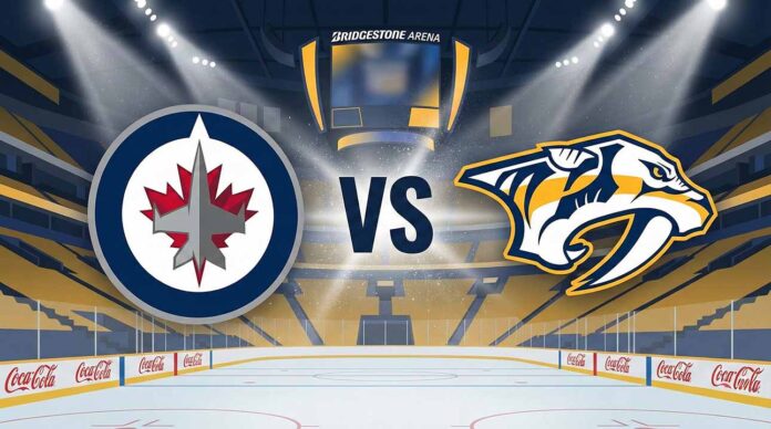 A stylized widescreen hockey graphic showing the Winnipeg Jets logo on the left and the Nashville Predators logo on the right, separated by the letters "VS". Spotlights shine down on the logos set against the backdrop of Bridgestone Arena's ice rink and yellow seating.