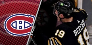 John Beecher celebrates a goal with the Montreal Canadiens logo to the left signifying NHL trade rumors to the Habs for Beecher